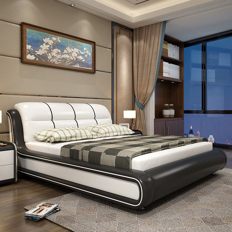 Real leather headboard Bull Leather Double Modern Minimalist Master Bedroom Wedding Bed Nordic Style Tatami Leather Bed Light Lavish Furniture