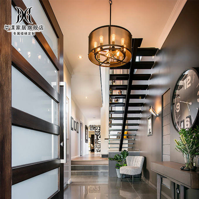 Steel-wood straight beam staircase Indoor overall glass guardrail jump layer glass duplex loft simple oblique beam custom staircase