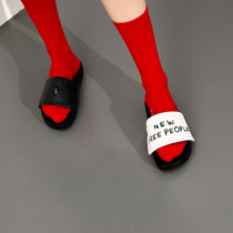 Clear Barn RMB99  Bathhouse Eyes External Wear Slippers Female Art Personality Letters Magic Sticker Beach Shoes Genuine Leather