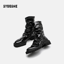 Original design 2021 new autumn winter genuine leather folds thick bottom Martin boots Lacquer Leather Individuality Knight Boots Locomotive Boots