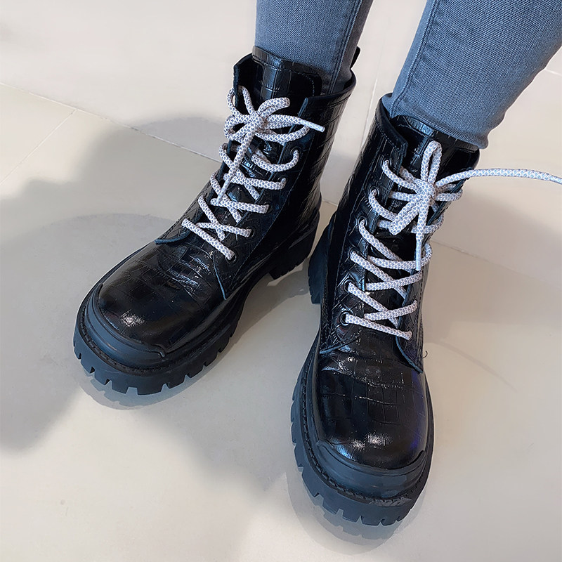 Clearance 228 leather crocodile pattern thick-soled Martin boots women's 6-hole reflective laces British wind tube boots