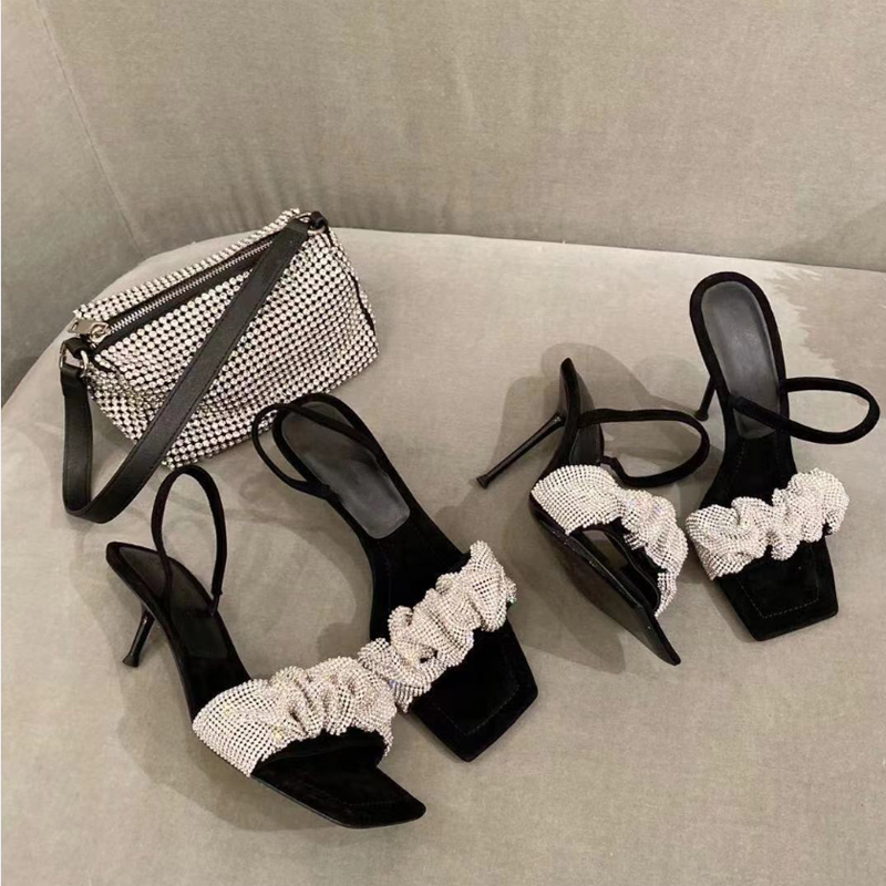 Star with the king rhinestone square toe sandals fairy AW high heels leather one word with open toe stiletto half slippers