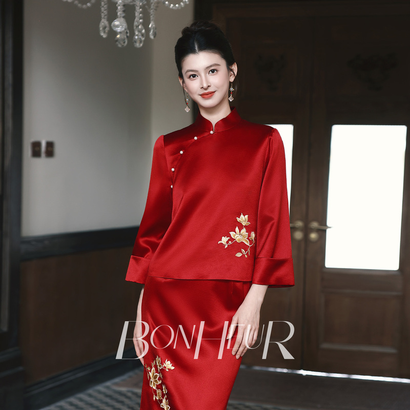 Bonheur Engagement Cheongsam'Golden Thread' New Chinese Style National Dress Long Sleeve Suit Bride Toasting Dress Summer