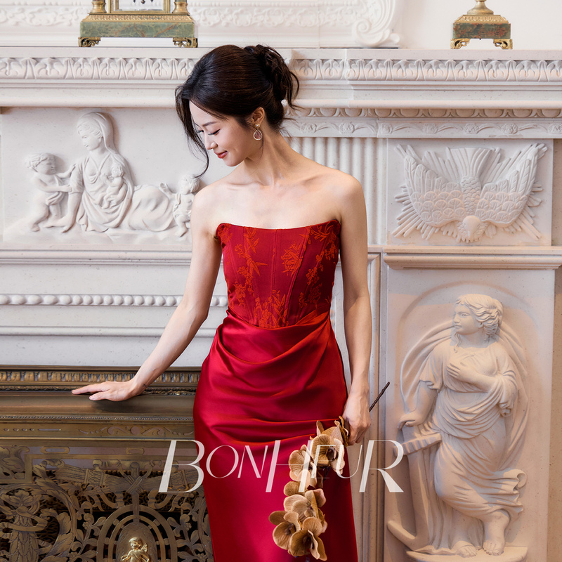Bonheur Original Engagement Dress "Hongshanmei" Stunning Bride Red Strapless Toast Dress Evening Dress for Women