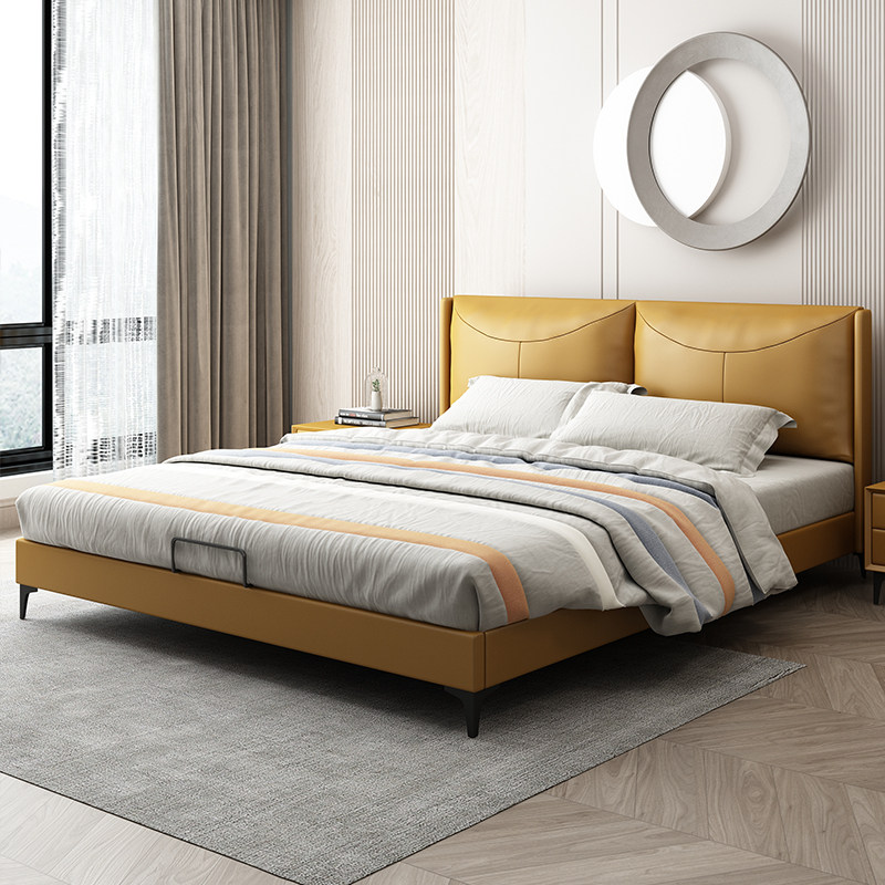 Modern light luxury bed minimalist leather bed leather bed 18m double bed side storage master bedroom wedding bed 20m