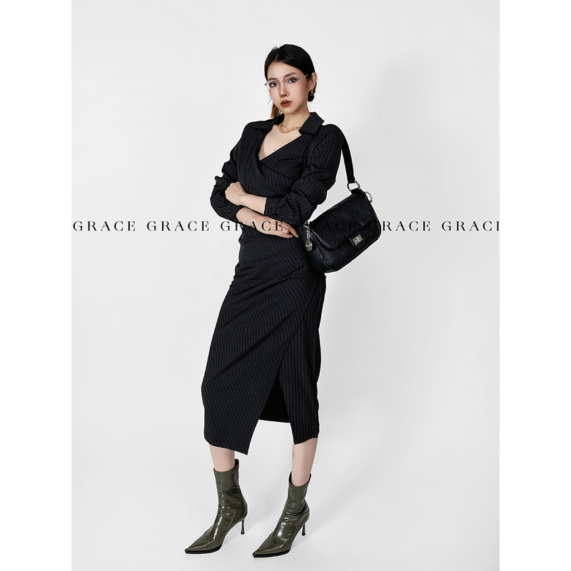 Grace Spring and Autumn Elegant Workplace Striped Long-Sleeve Dress for Women, Mature and Pure Style, Mid-Length Waist-Cinching Shirt Dress