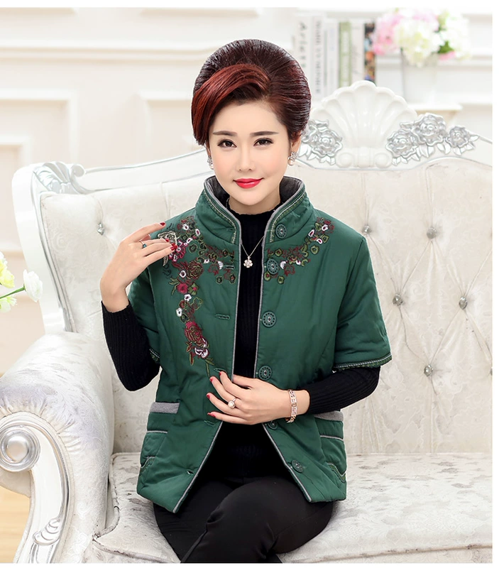 Áo vest nữ trung niên nửa tay áo mùa thu và mùa đông áo khoác ngắn tay áo khoác mẹ tải dày áo khoác cotton ngắn