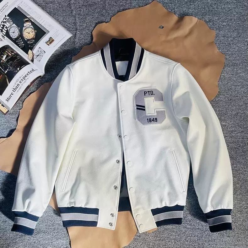 High-End White Pu Leather Jacket Embroidered Biker Leather Jacket Spring Autumn Winter Pu Leather Baseball Jacket Japanese Casual Jacket for Men and Women