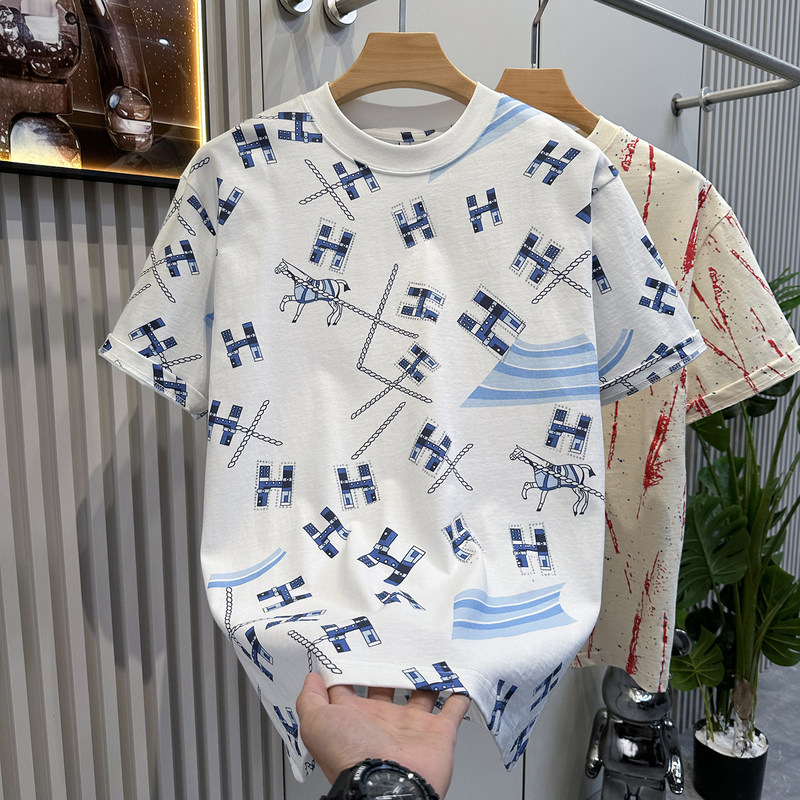 Summer High-End New Style Men's Korean-Style Full-Print Letter Rhinestone Design Short-Sleeve T-Shirt Casual Simple Top Trendy