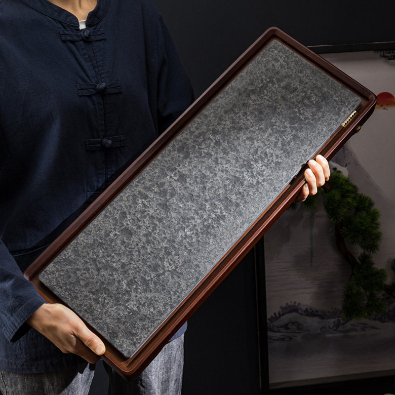 Xiangfu bamboo frame black gold stone tea tray tea tray household small tea table Japanese-style dry bubble tray kung fu tea set drainage type