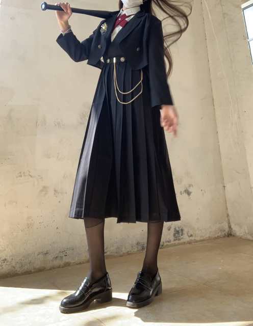 Basic super long bear mansion small full JK uniform skirt orthodox black thick cyan spring and autumn suit suspender skirt