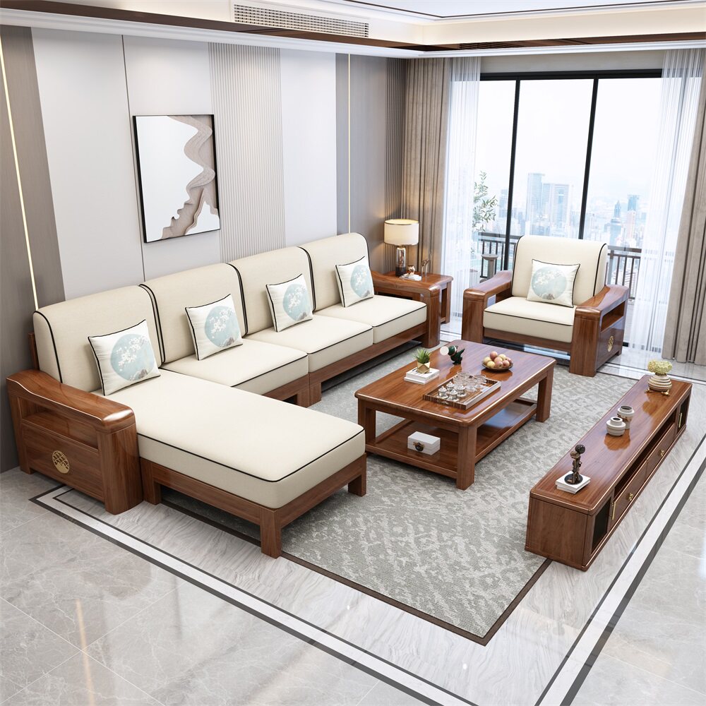 Hupeach Wood New Chinese Solid Wood Sofa Living Room Home Composition Suit Modern Minima Small Household Type Winter And Summer Dual-use Home-Taobao