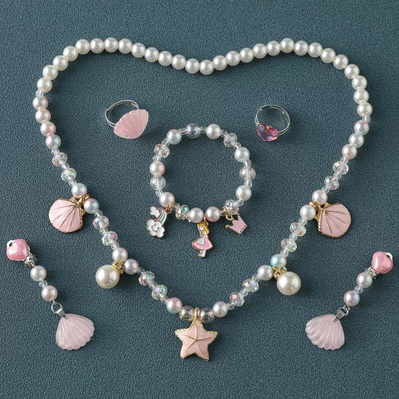 Girls Children Baby Girls Jewelry Imitation Pearl Princess Necklace Bracelet Ring Earrings Jewelry Set Gift Box