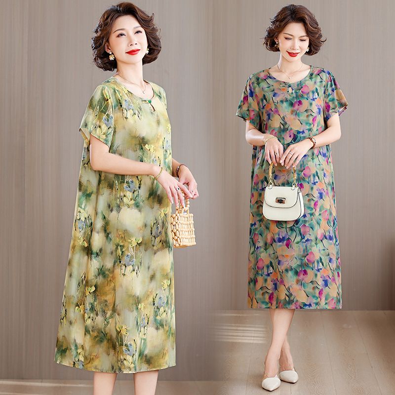 Qian Lina Middle-Aged and Elderly Women's Cotton Silk Dress, Summer Short-Sleeved Chinese-Style Floral Dress, Fashionable Mid-Length Dress