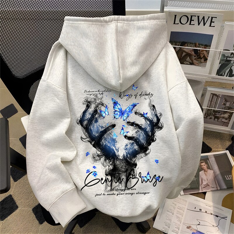 Heavyweight Pure Cotton American High Street Smoke Butterfly Hooded Sweatshirt Men's Autumn and Winter Trendy Brand Cool Fleece-Lined Jacket Top