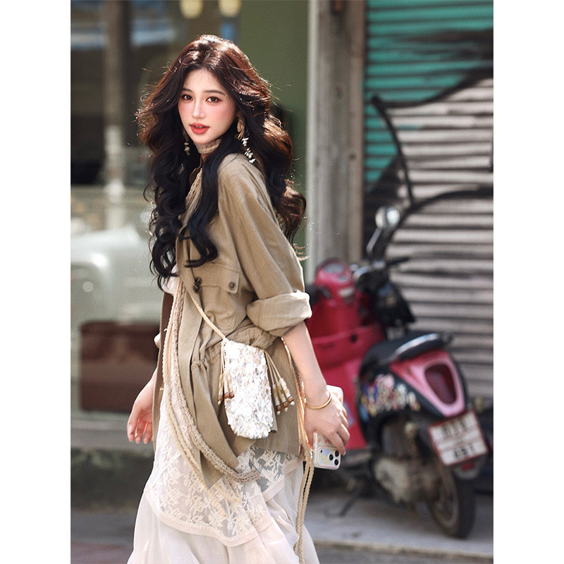 Khaki Loose Linen Sun-Protective Windbreaker for Women 2026 Spring and Autumn New Style Petite Drawstring Thin Jacket Work Shirt
