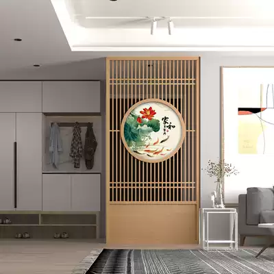 Chinese floor screen partition wall dining room entrance solid wood entrance modern hollow fence translucent gauze seat screen
