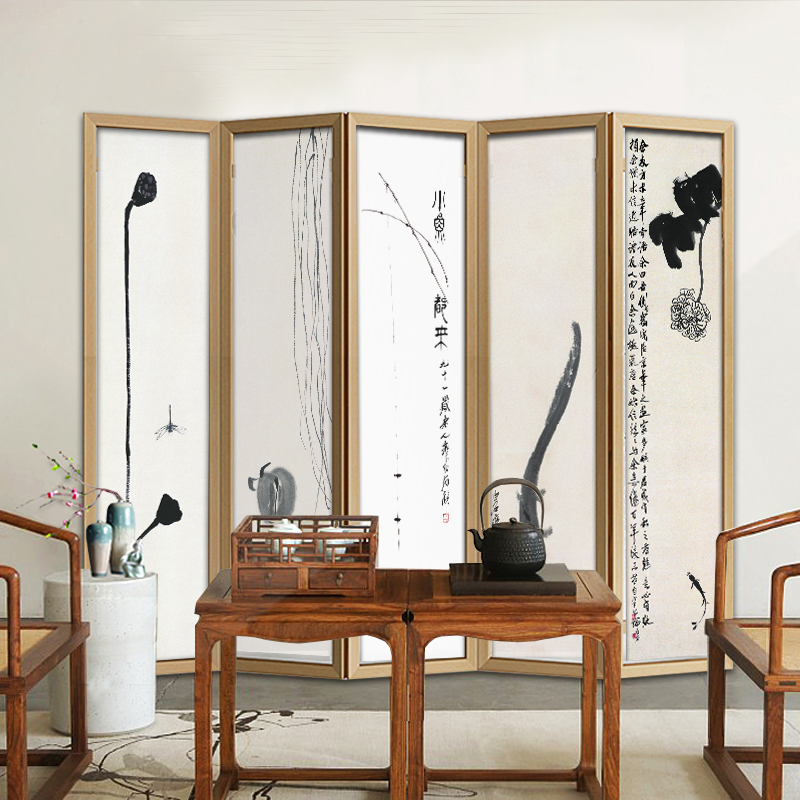 Chinese screen partition Living room entrance wall Simple modern office folding simple mobile fabric solid wood folding screen