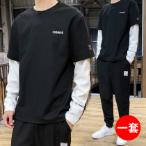 2019 new autumn Korean version of the trend two-piece set long-sleeved T-shirt sports casual handsome fake two-piece mens suit