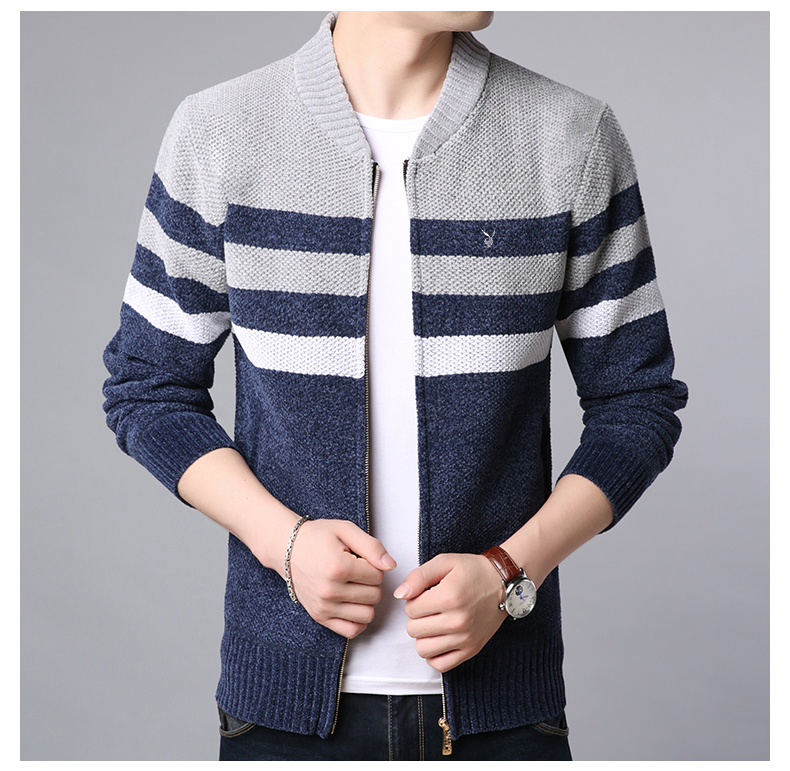 Playboy thu đông mới cộng với áo len nhung nam xu hướng đứng cổ áo cardigan dày phần áo len ấm áp nam áo khoác nam hàn quốc