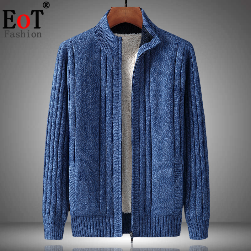 New Winter Clothing, Fleece-Lined and Thickened Sweater, Men's Jacket, Cardigan, Zipper, Stand Collar, Loose, Warm, Solid Color Knitted Sweater