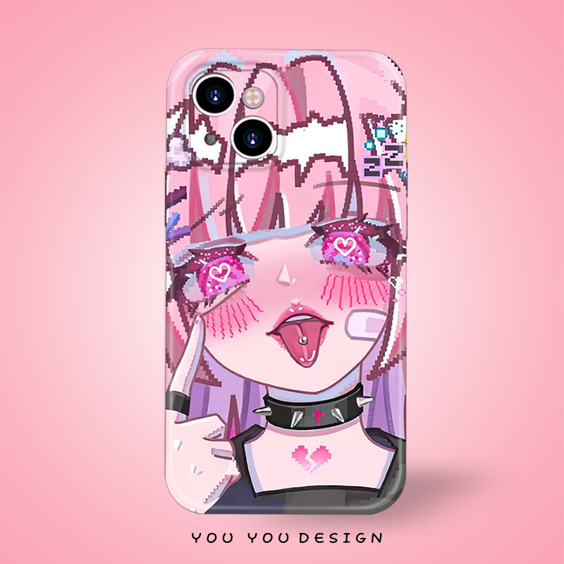 Cyberpunk anime cute pixel girl phone case for iPhone 12 Pro Max, Apple 13, full coverage, drop protection for Huawei Mate 60 Pro, Xiaomi 13 Ultra, and OPPO film.
