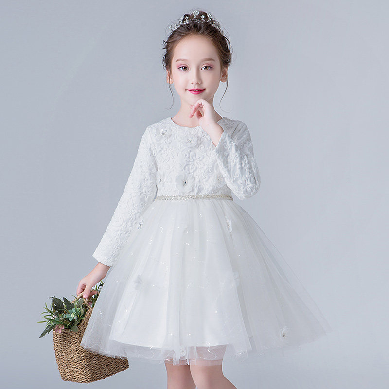 Autumn Winter 2019 New Temperament Long Sleeve Girl Fluffy Yarn Princess Dress Flower Boy White Dress Children Play Out Clothes