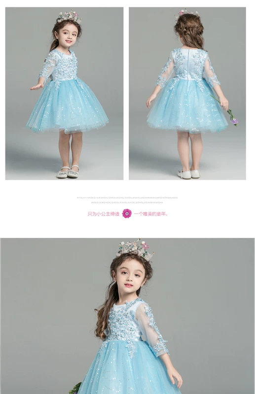 Lilan Duo cô gái màu xanh công chúa váy hoa cô gái fluffy gạc váy trẻ em mùa hè trang phục mới cô gái váy cưới set bộ vest bé trai kèm cavat