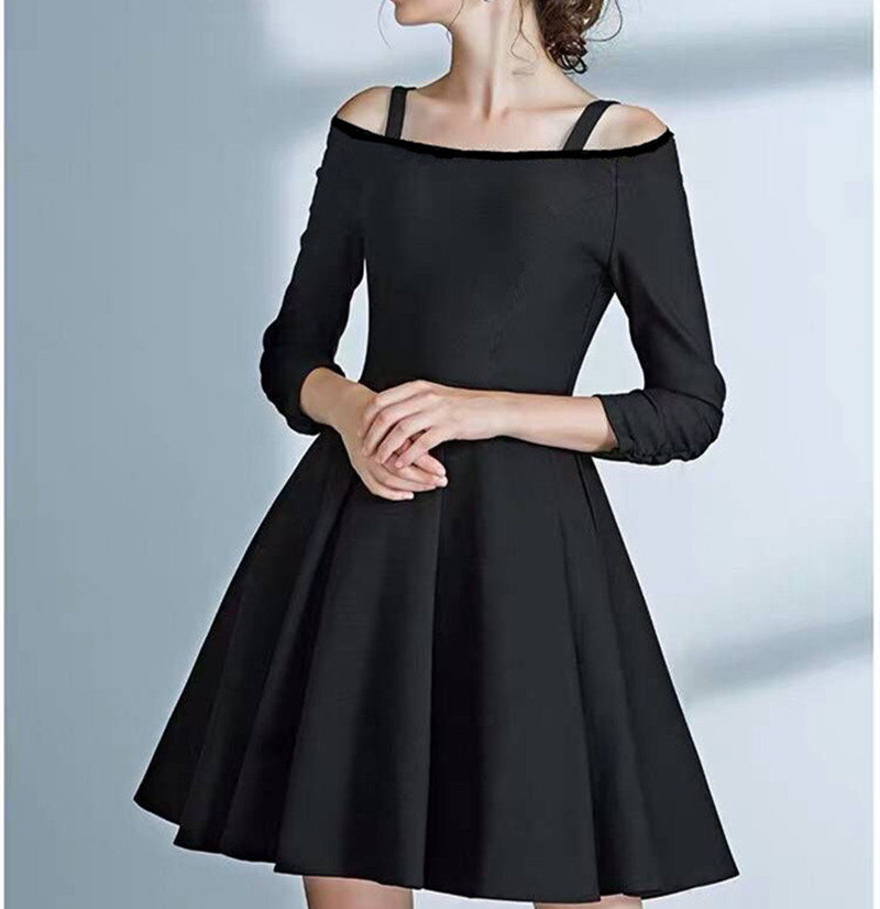 Autumn Winter New Women 70% Sleeves Harnesses A Character Foreign Fashion Show Slim Annual Meeting Little Black Dress Big Size For Slim Dress Dinner Dinner