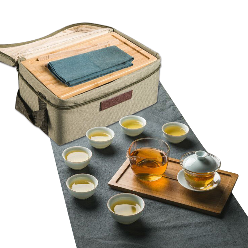 Auspicious f creative travel kung fu tea tureen suit portable is suing bamboo tea tray ceramic glass and a cup of tea cups