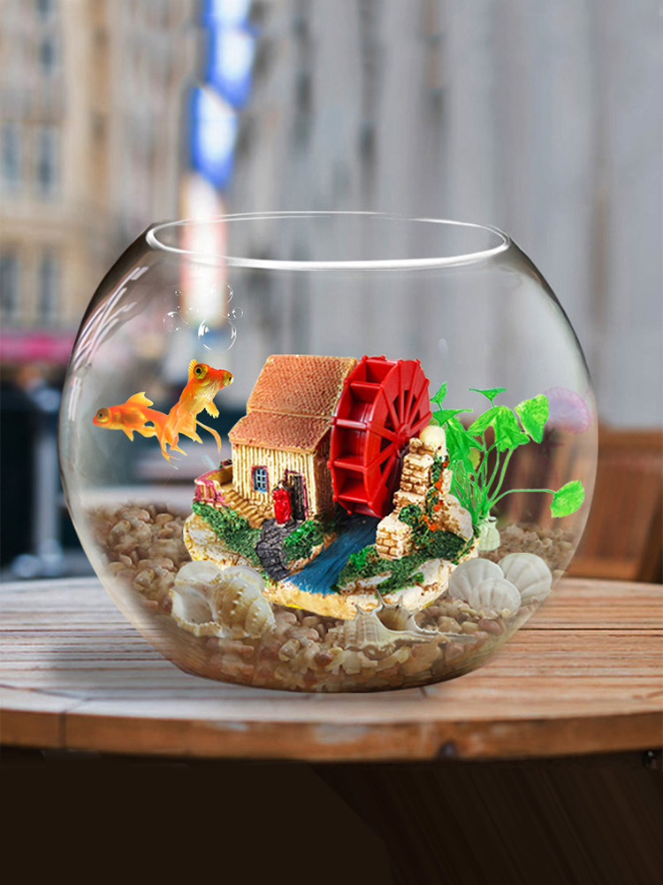 Desktop small fish tank Glass ecological fish tank Landscaping goldfish small tropical fish living room round fish tank