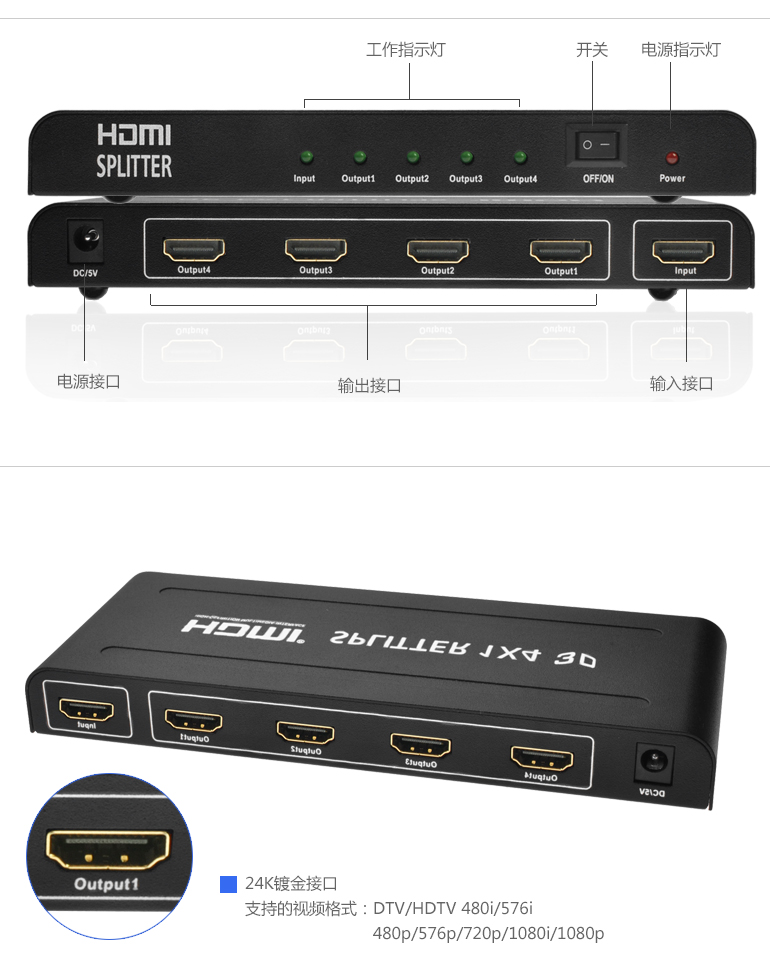 批发销售 hdmi1分4长款分配器 高清1080p分配器1080Phdmi切换器