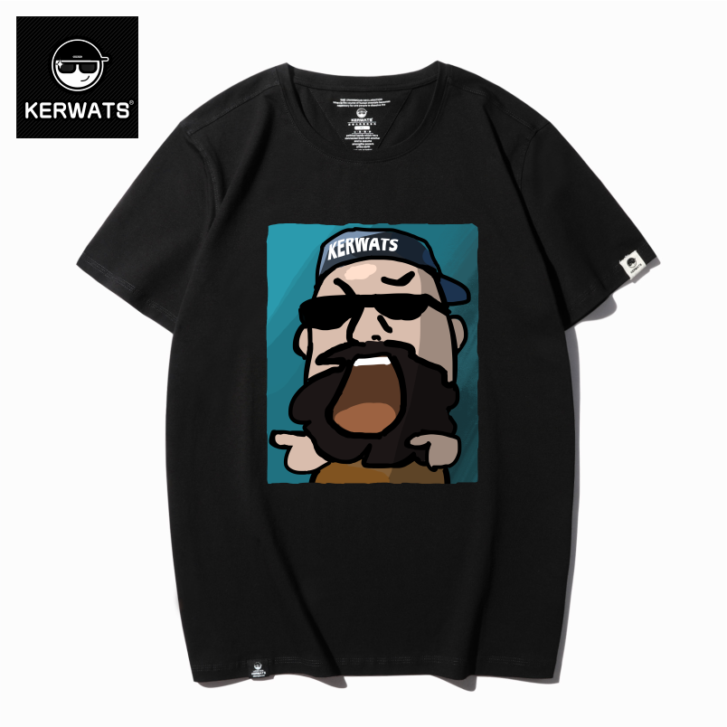 Kerwats Chinese Style Summer Cartoon Print Casual Short-Sleeve T-Shirt with Big Mouth and Beard, Large Size Loose Fit Short-Sleeve for Men