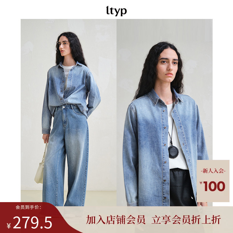 Ltyp Journey Original Product [Limited Edition 50% off] Washed and Faded Cotton-Feel Denim Shirt, Fashionable Polo Collar Shirt for Autumn