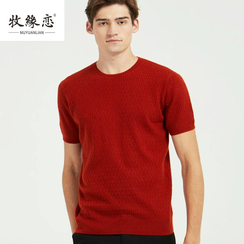 Áo len cashmere tay ngắn quần áo nam 2019 mùa thu và mùa đông mới đỏ cổ tròn áo len cashmere dệt kim nửa tay - Áo len Cashmere