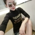 Quần áo thu đông 2018 thời trang mới in áo thun nữ dài tay thon gọn lưới cổ cao áo lưới áo phông cao cấp Áo phông