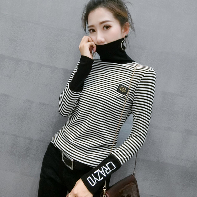 Autumn and winter new striped long-sleeved T-shirts for women, slim fit and versatile high-neck plus velvet bottoming shirts for women, trendy tight-fitting tops