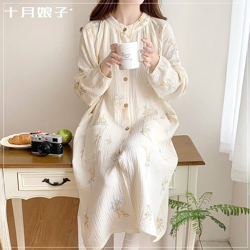Maternity Dress for Postpartum Care, Thin Summer Style for Pregnant Women, Pure Cotton Gauze for Spring, Autumn, and Winter, Hospital Delivery Gown, Nursing Nightgown
