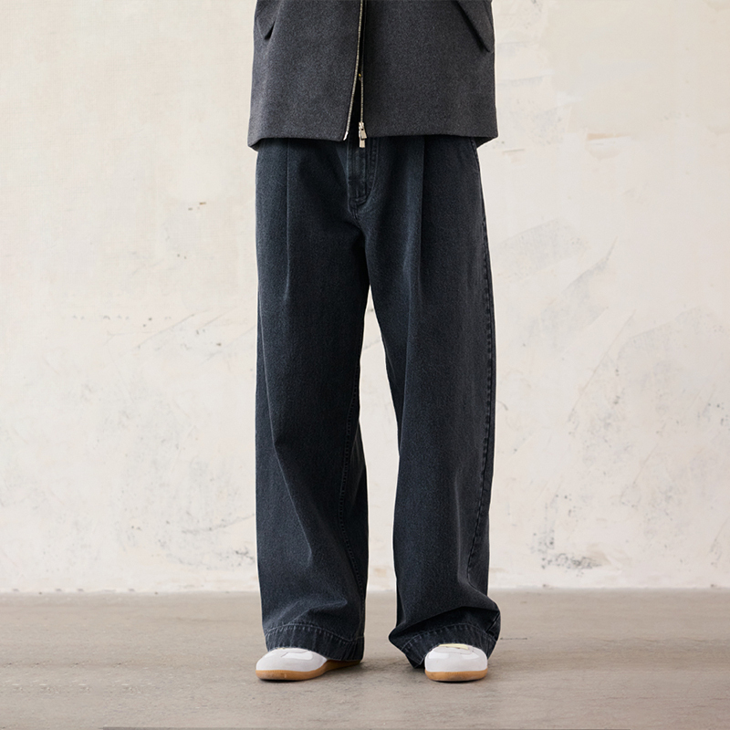 Npopo Japanese Imported Kuroki Denim Fabric Washed and Distressed Loose Fit Charcoal Black Versatile Straight-Leg Summer Jeans