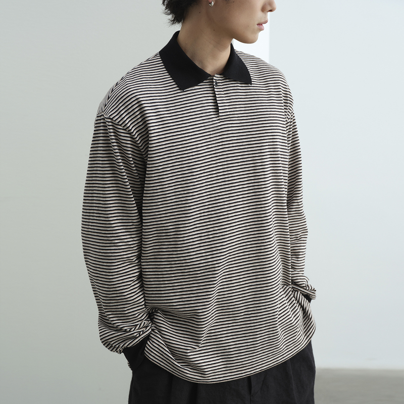 Npopo Japanese Imported Retro Striped Long-Sleeve Polo Shirt for Men, Loose Wool Lapel Versatile Casual Top