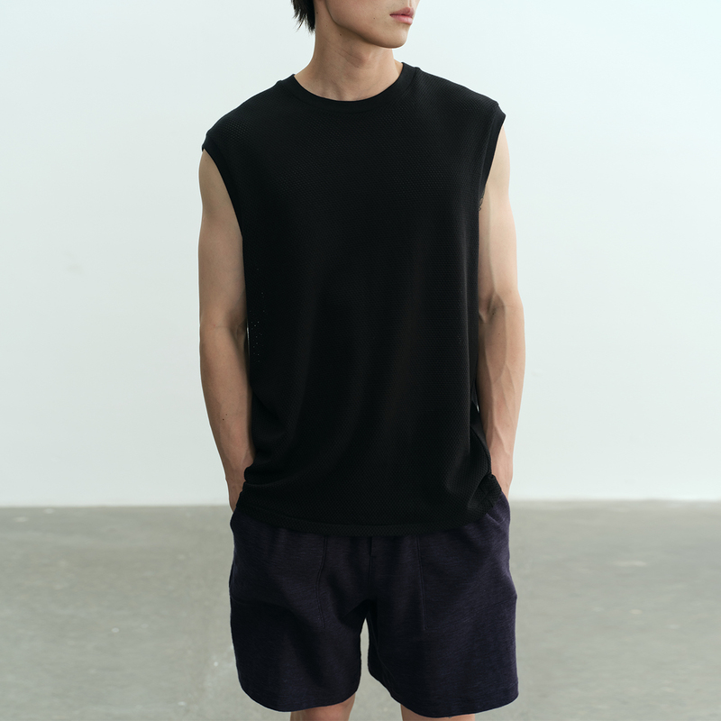 Npopo Japanese Imported Pure Cotton Solid Color Mesh Tank Top with Dropped Shoulder Sleeves, Round Neck, Summer 26, Casual, Elastic, Quick-Drying Top