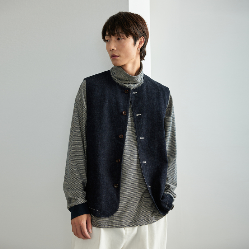 Npopo Japan Imported Kuroki Pure Cotton Simple Solid Color Casual Retro Loose Spring Layered Denim Vest