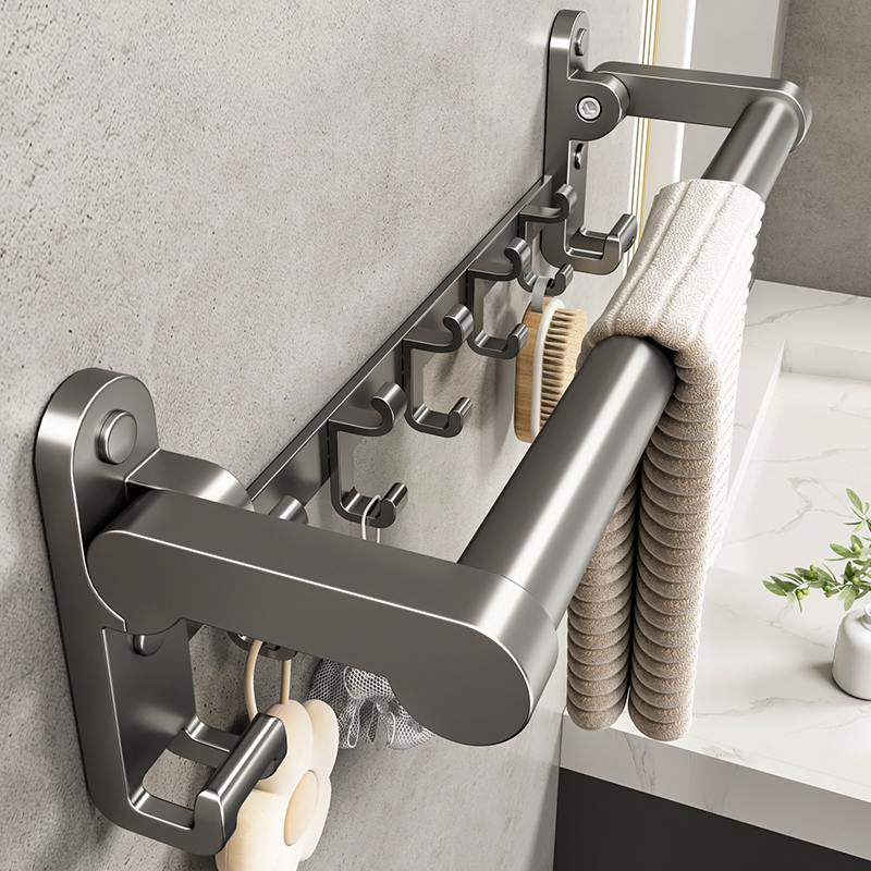 Toilet towel rod toilet Space aluminum bath towel rack Single-pole bathroom with punch-free thickened folding object shelf-Taobao