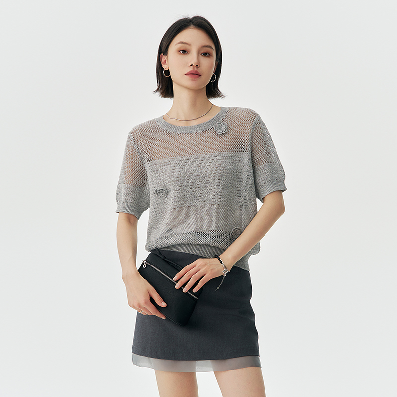 Vixiaer Three-Dimensional Handmade Flowers Light Gray Round Neck Pullover Knitwear Summer Loose Knitted Short-Sleeved Top