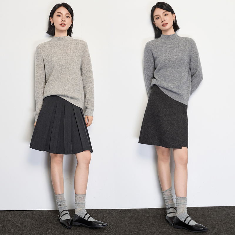 [Close Store Clearance] Weixiaer Autumn/Winter Pure Wool Light Gray Half-Turtleneck Knit Sweater Gray Lazy Sweater