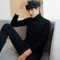 Mens turtleneck sweater Autumn and winter pullover thickened sweater Korean slim trend solid color black base shirt