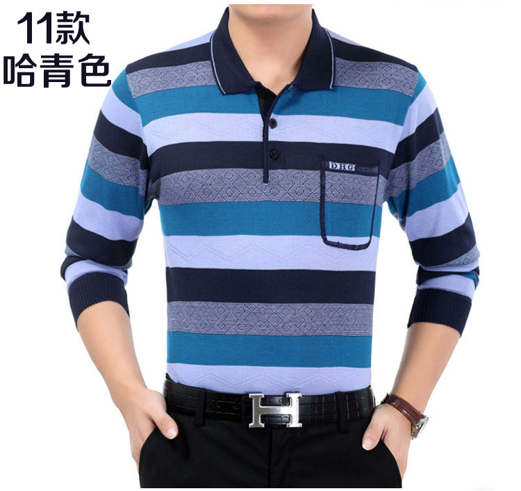 Mùa hè ăn mặc trung niên lụa mỏng dài tay t-shirt nam sọc t-shirt bất pocket daddy trung niên quần áo của nam giới