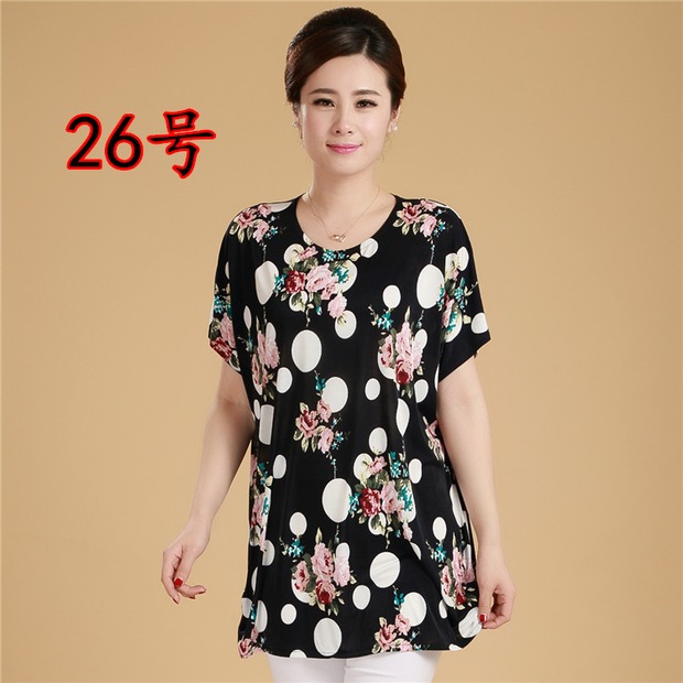 Áo sơ mi nữ trung niên và già dơi chất béo quần áo phụ nữ cộng với chất béo cỡ lớn mùa hè áo thun áo cổ tròn tay dơi tay áo ngắn - Quần áo của mẹ áo khoác tuổi trung niên