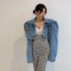 Korean chic2022 spring and autumn women's lapel puff sleeves long-sleeved single-breasted high-waisted short denim jacket