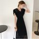 Gentle wind V-neck slim knitted dress suspenders two-piece female Korean chic waist bag hip long skirt summer